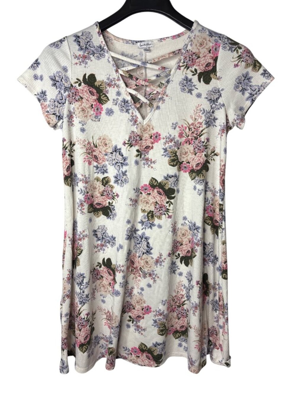 Love, Fire Juniors A-Line Mini Shirt Dress L Floral Strappy V Neck Multicolor